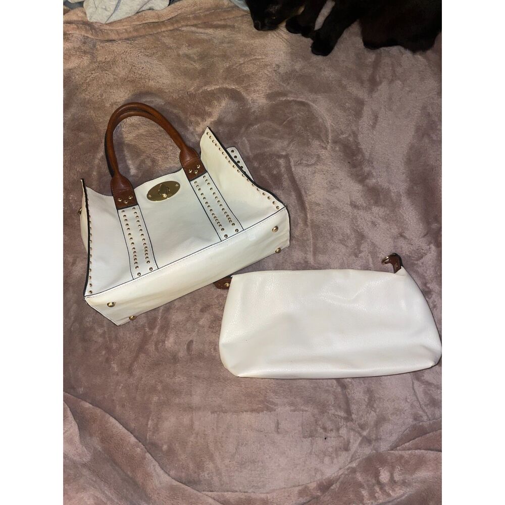 White Faux Leather Studded 2 in 1 Purse and Pouch, Leopard Print Satchel Handbag